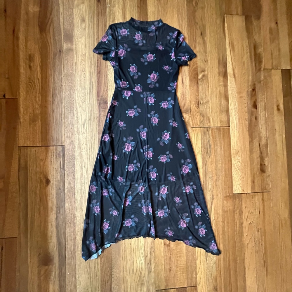 NWT Black Floral Mesh Long Dress Women’s Sz S Goth Emo Punk Streetwear 90’s Y2K‎